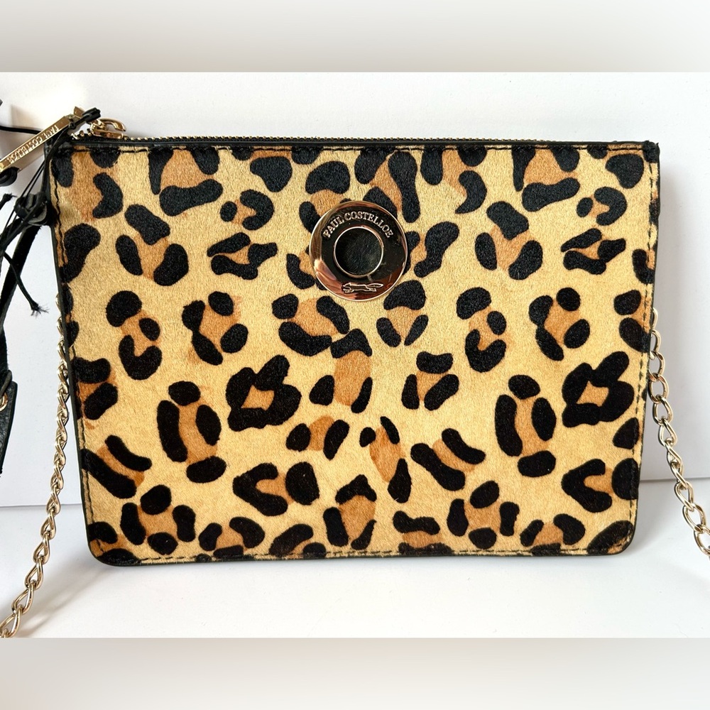 NWT Sale Paul Costelloe Leopard Tan Black Leather Crossbody Bag Gld Hrdwr